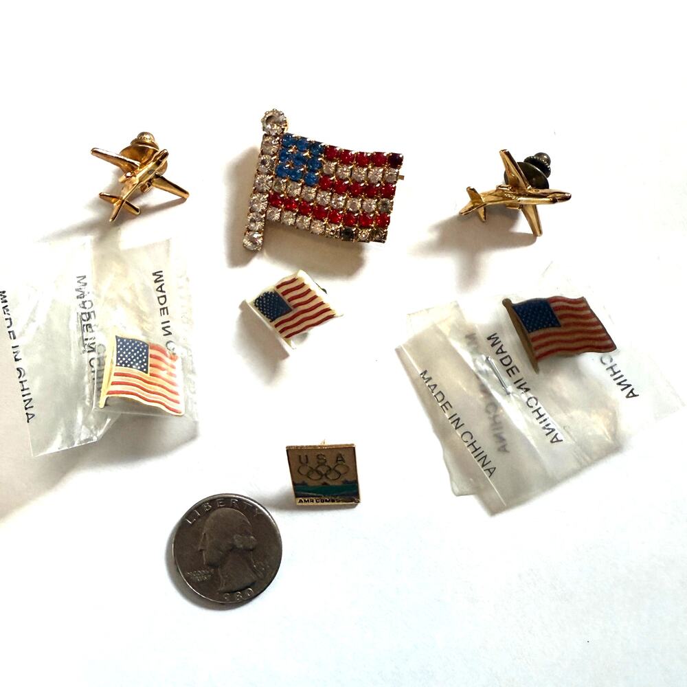Lot of 7 Vintage Lapel Tie Pins Planes, oympics and American Flags